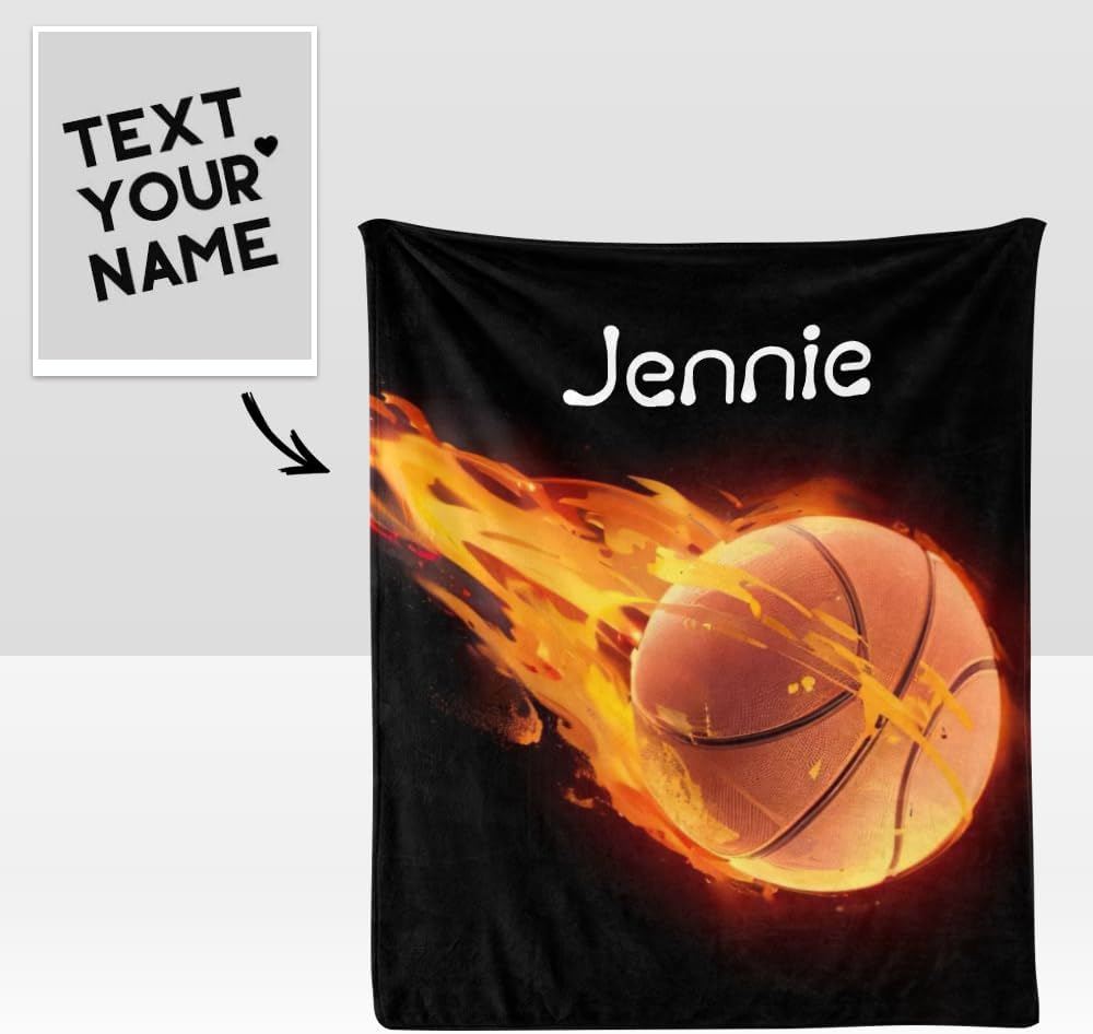 Custom Blanket with Name Text,Personalized Basketball and Fire Super Soft Fleece Throw Blanket for Couch Sofa Bed (50 X 60 inches)