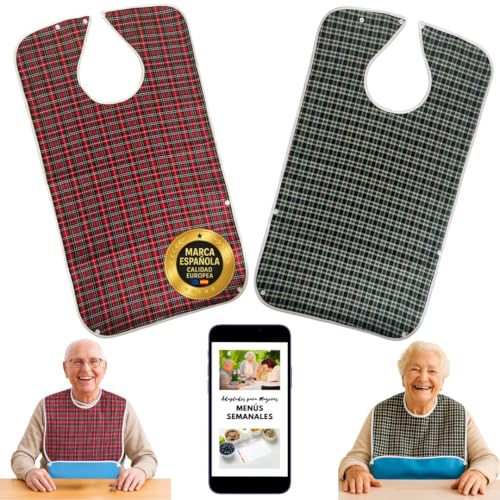 Pack 2 Baberos Adultos Grande (68x35cm) | Babero Adulto Impermeable | Cierre Ajustable Con Corchetes | Con Recogemigas | Babero Reutilizable y Lavable A Máquina | Cómodo Para Personas Mayores