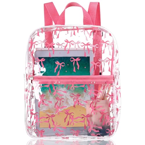 Image of Aliceset Coquette Pink Bow Backpack Stadium Approved 12x6x12 Small Water Proof Pink Clear Backpack for Back to School Women Stadium Events Concert Work Sport Event Travel