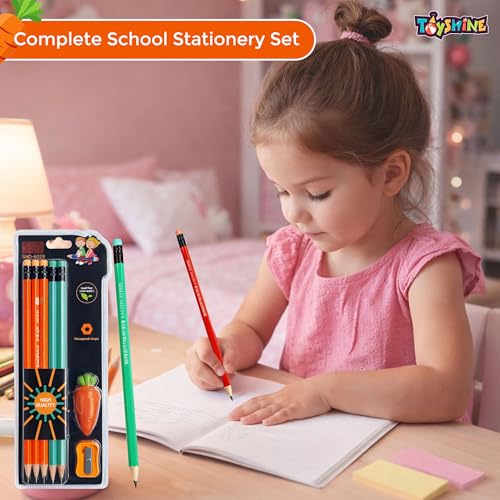 Image of Toyshine HB Pencil Set with Eraser & Sharpener | 10 Pcs Writing Pencil Kit with Cute Carrot Eraser | Smooth Writing School Stationery Set for Kids & Students