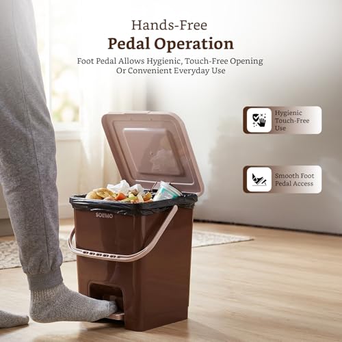 Image of Amazon Brand - Solimo Square Pedal Dustbin (14L) | Hands-Free Trash Bin with Lid | Durable Plastic | Odor Control | Compact Design | For Kitchen, Bathroom & Office | 30L x 29.4B x 34.08H cm | Dark Brown