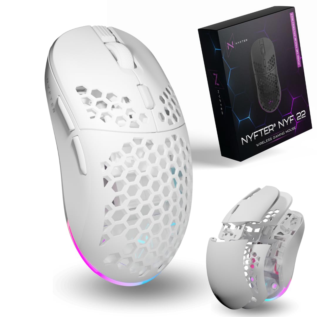 Nyfter - NYF22 Wireless Gaming Mouse Honeycomb Mouse Ultraligero 75g Potente con 400mA 19K DPI, 400 IPS 1000 Hz 50h Duración de la batería Durable Dos fundas intercambiables incluye