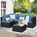 JAMFLY Patio Furniture Sets, 5 Pieces Outdoor Furniture Patio Sectional Sofa Set, Black Wicker Rattan Conversation Sets with Glass Table and Cushions, Aegean Blue