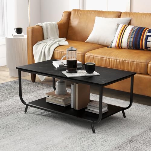 Table Basse 2 Étagères Bois Métal Noire GIANTEX