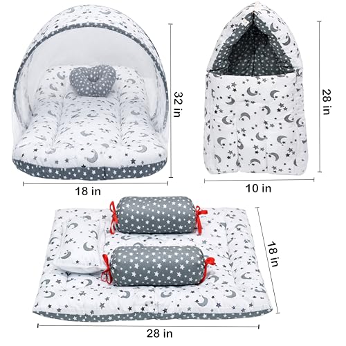 Image of Fareto Combo of Baby Bed with Net | Carry Bag | 4 Pcs Bedding Set (0-6 Months, Baby Size, Cotton) (Grey Moon)
