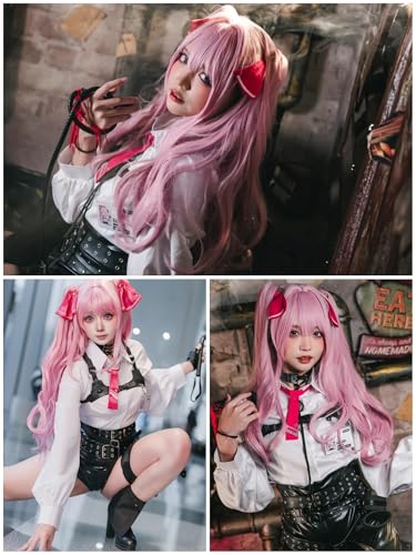 Image of Half and Half Pink Ponytail Wig with Bang Long Curly Dark Pink Anime Cosplay Wigs Purple Pink Pigtails Twin Tails Wigs for Women Halloween Daily