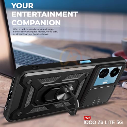 Image of Armor Bumper Back Cover Case for IQOO Z6 LITE 5G Rotating Camera Cover, Ring Holder & Kickstand | Heavy Duty & 360 Degree Protection IQOO Z6 LITE 5G Back Cover (Black)