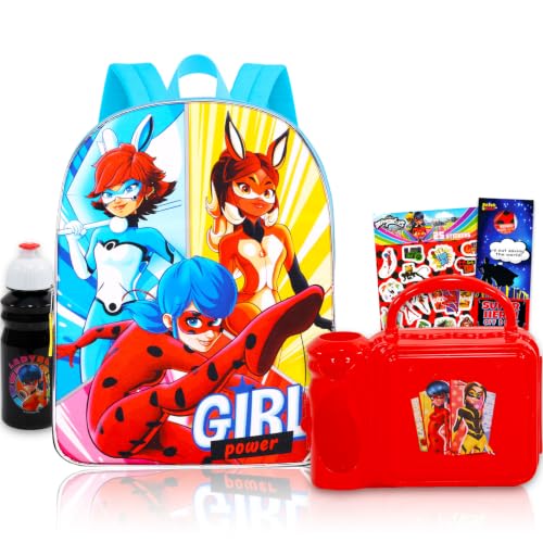 Miraculous Conjunto de mochila e lancheira joaninha – Pacote de mochila de 38 cm, lancheira Bento, mais | Miraculous Ladybug School Supplies