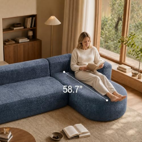 Image of Oversized Sectional Sofa with Chaise with 2 Throw Pillows, 109 inch Modern Luxury Chenille Sofa Extra Wide Seat L-Shape Curved Cloud Couch for Living Room (Right Chaise, Blue)