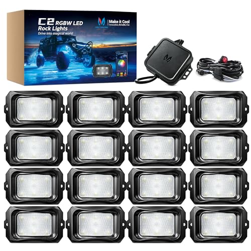 MICTUNING C2 Curved RGBW LED Rock Lights - 16 Pods Underglow Multicolor Neon Light with Wiring Switch Kit, Bluetooth Controller with APP Control