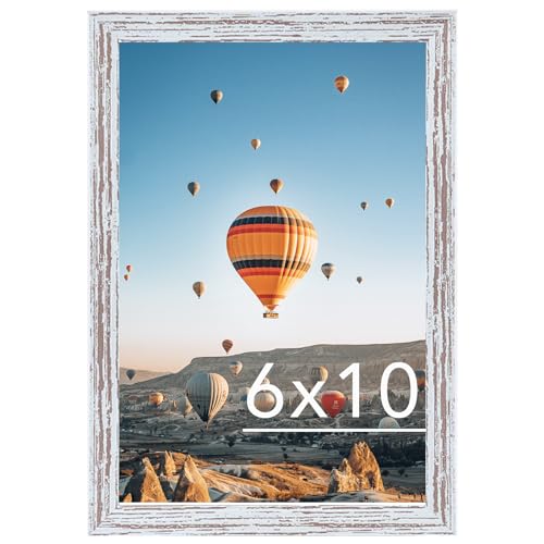 Image of JCJMY 6x10 Picture Frame Rustic White for Wall Hanging or Tabletop, Wall Mounting Horizontally or Vertically, 6 x 10 Wall Gallery Poster Photo Frame with Shatter Resistant Plexiglass, Rustic White
