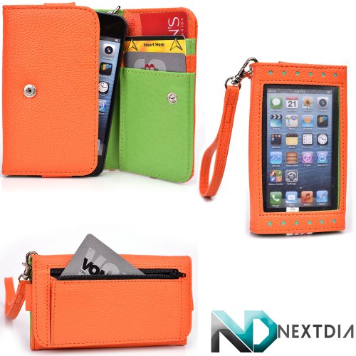 Women's Wallet for Smartphones - fits Blu Life One L120 (Tangerine Orange/Kiwi Green) Exposed Screen for Easy Alert Acces + NextDia Cable Wrap