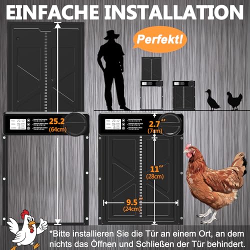 INNOLAND Automatische Hühnerklappe - Große mit Zeit/Handmodus Einklemmschutz, elektrische Hühnerklappe automatisch, Aluminiumlegierung Hühnertür | Wasserdicht Großes Display | Batteriewarnung