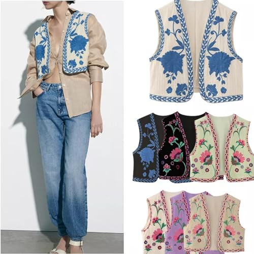 Vintage Floral Embroidered Vest, Women Y2k Open Shirt Fashion Crochet Flower Cropped Waistcoat3