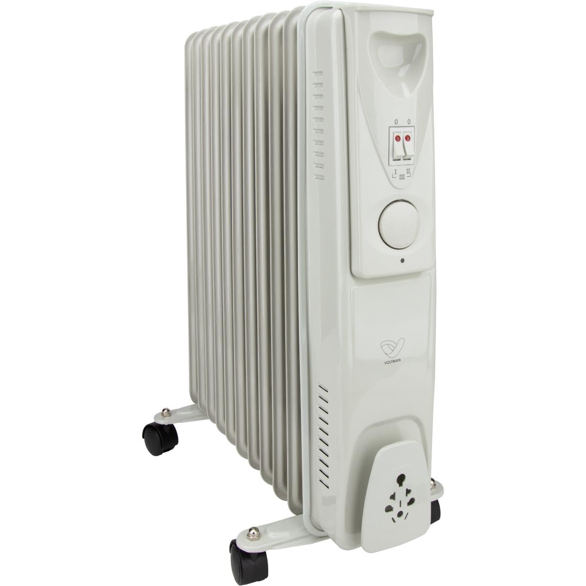 VOLTMAN, Radiador de aceite móvil de 2500 W, Termostato regulable, De 3 a 5 niveles de calefacción, Ruedas integradas, Silencioso, Ideal para salas de estar, Blanco