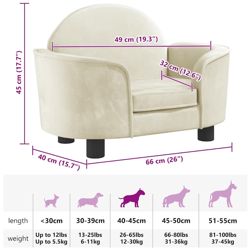 vidaXL Cama para Perros de Terciopelo Crema 66x40x45 cm, sofá para Perros, Cama para Cachorros, Asiento para Perros, sofá para Mascota