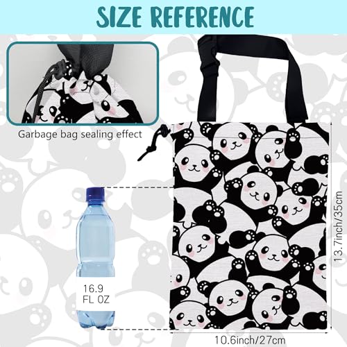 Image of Car Garbage Bag Cute Black Panda Drawstring Car Trash Bag Hanging for Back Seat with Adjustable Buckle Canvas Vehicle Trash Can Easy-to-Install