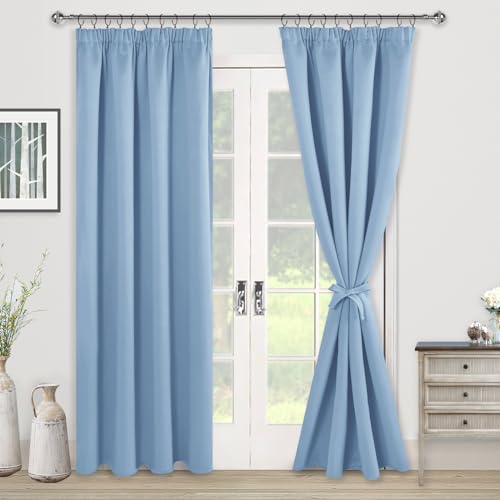 JIUZHEN Opaque Curtains Ruffle Tape Blackout Curtains Living Room Curtains Bedroom Thermal Curtain Light Blue H 228 x W 117 cm Set of 2