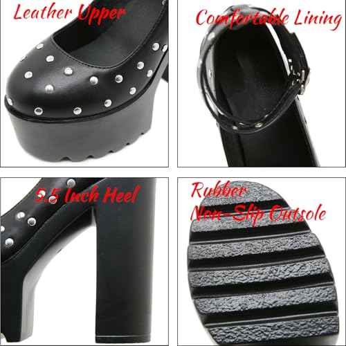 Women's Leather Studded Platform Chunky Heel Gothic Pumps Fashion Ankle Strap Lug Sole Chunky High Heels Punk Shoes Y2k Wedding Party Dress Shoes4