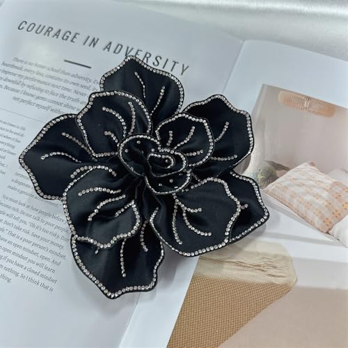 Image of Fabric Rhinestone Flower Big Brooch Lapel Pins for Women Elegant Crystal Floral Brooches Pin for Dresses Suit Accessories Jewelry Boutonniere Corsage Wedding Party 5.5in