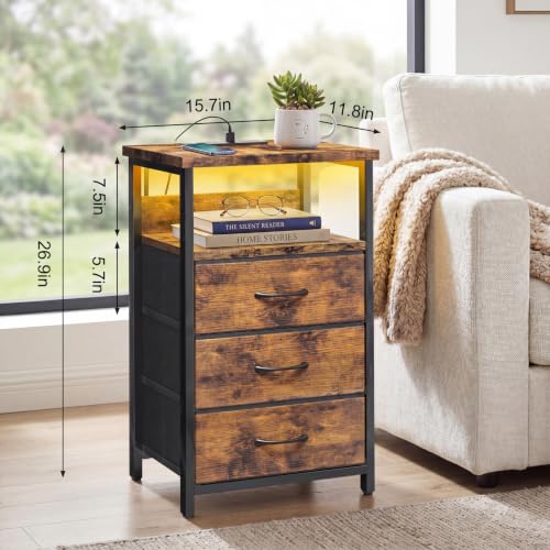 Image of Fixwal Night Stand with 3 Fabric Drawers, Nightstand with Charging Station