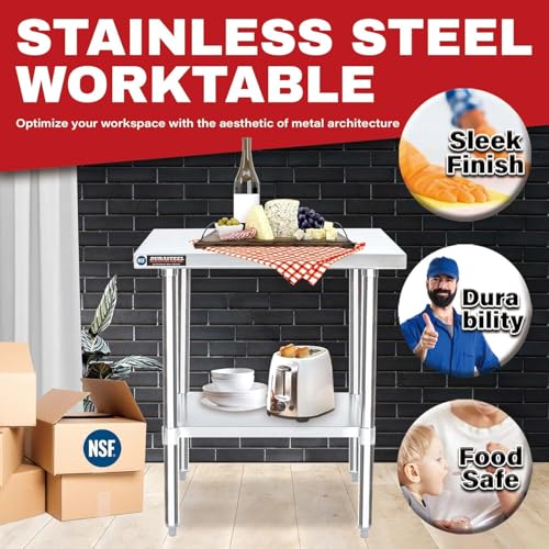 Image of DuraSteel 30x30 Stainless Steel Work Table - NSF Commercial Prep Metal Table - Outdoor Pizza Oven Stand w /Under Shelf - Kitchen Island Laundry Utility Garage Microwave Stand Large Rolling Storage Cart