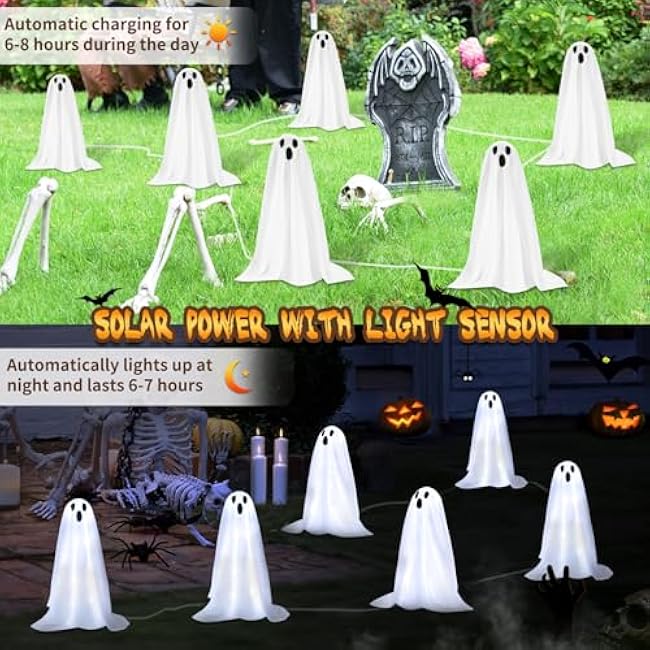 Halloween Decorations, 6 Pack 18.9'' High Solar Small Ghost String Stake Lights 12.8 FT, White Small Cloth Ghost Stakes with 8 Lighting Modes and Waterproof Outdoor Garden/Yard Path Lights, Clod Light
