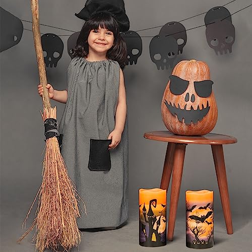 Dromance Flameless Flickering Candles Battery Operated With 6 Hour Timer, Set Of 3 Real Wax Led Pillar Candles Warm Light With Castle, Witch, Bats Decal Halloween Decor Candles For Kids(D3" X H6") #TOP2