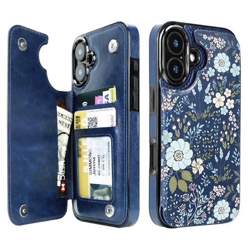 uCOLOR for iPhone 17 Wallet Case with Card Holder PU Leather RFID Blocking Design iPhone 17 flip case for Women Men Magnetic Clasp Kickstand Design 6.3 inch (Blue Daisy)