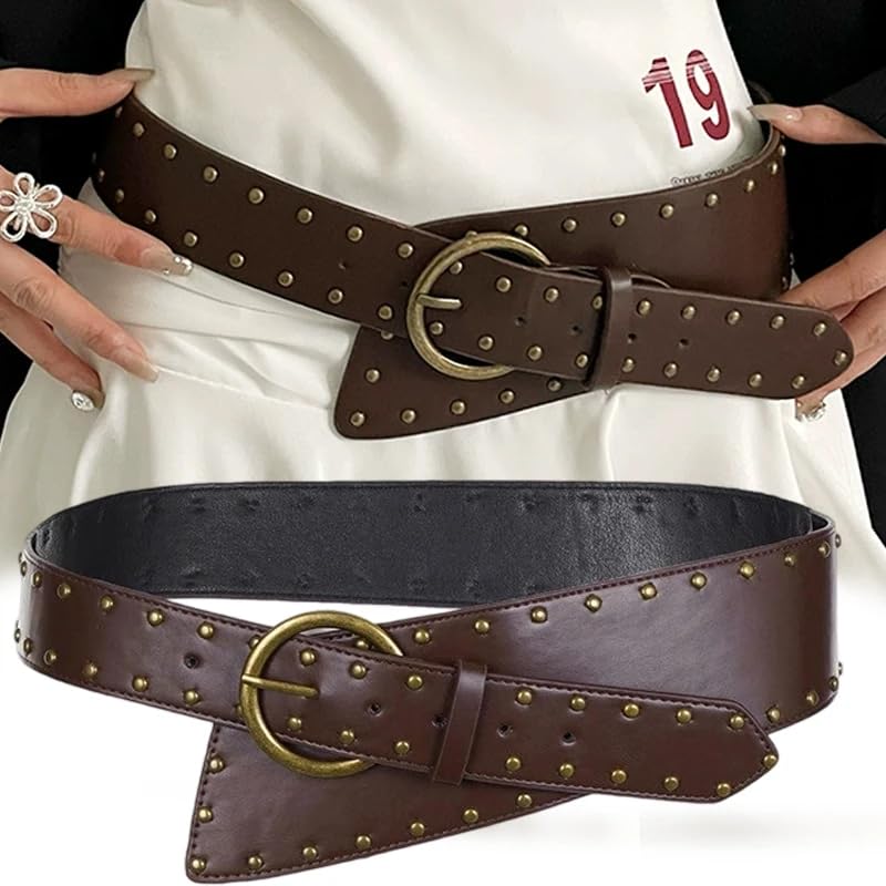 AIBEARTY Women's Vintage Rivet Wide Buckle Belt Punk Gothic Western Cowboy Leather Y2K Waistband for Dresses4