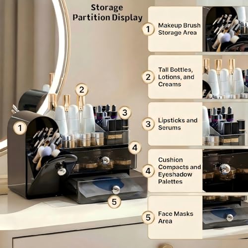 Image of Makeup Organizer for Vanity with Covered Brush Holder,Bathroom Organizers with Drawer,Skin Care Organizer,Makeup Organizers for Vanity with Drawer,Large Makeup Storage for Dresser, Black
