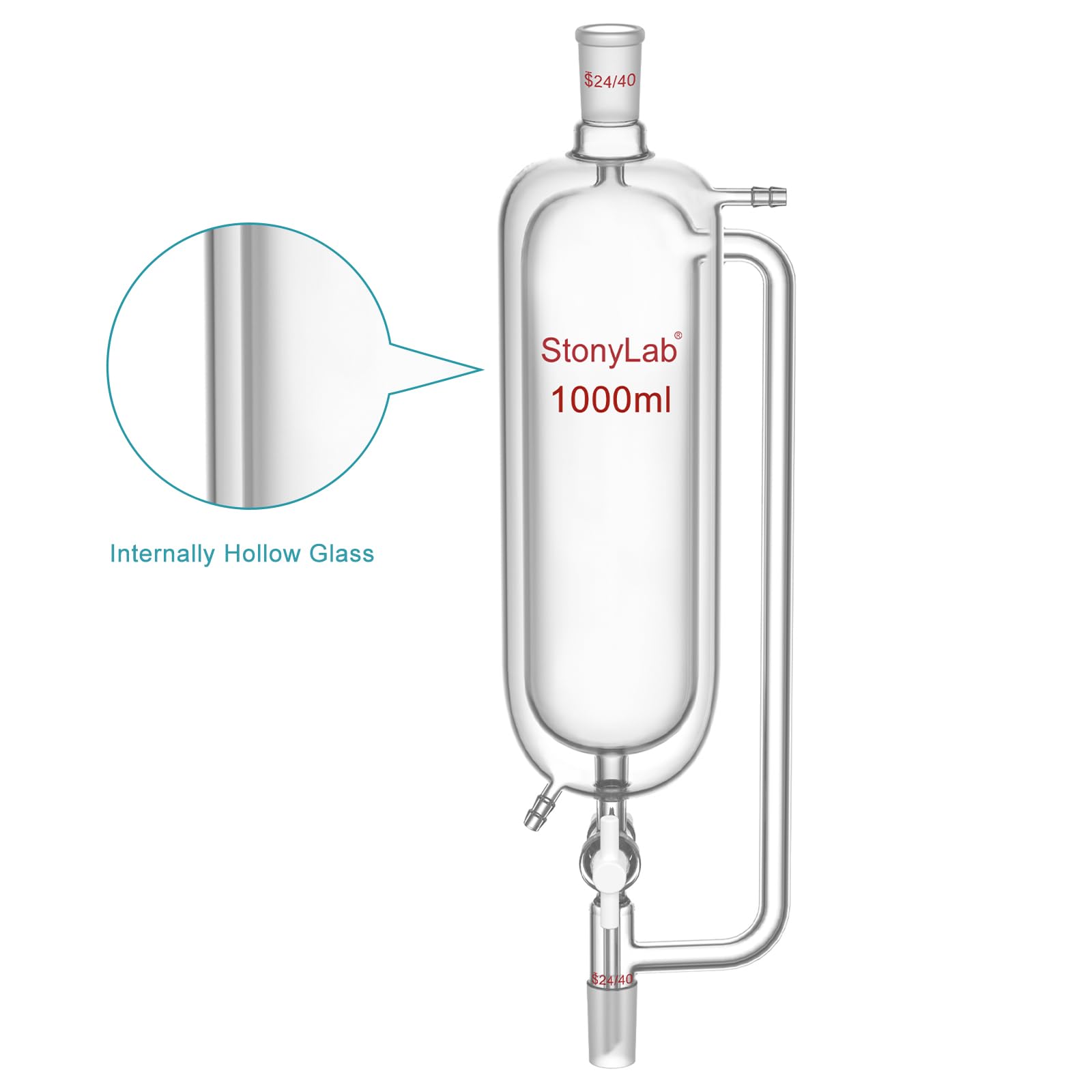 stonylab Embudo de Adición con Doble Camisa e Igualación de Presión, 1000 ml Vidrio de Borosilicato Embudo de Goteo con Unión 24/40 y Llave PTFE para Adición de Reactivos en Laboratorio
