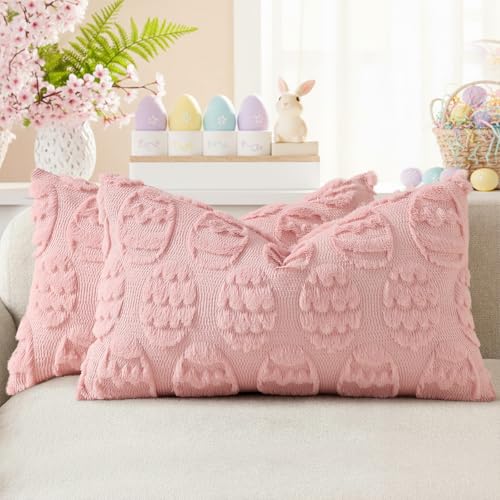 Image of decorUhome Easter Pink Egg Pillow Covers 12x20 Inch Set of 2, Soft Plush Faux Wool Jacquard Cushion Covers, Farmhouse Neutral Fuzzy Spring Easter Holiday Decor for Couch Sofa Bed