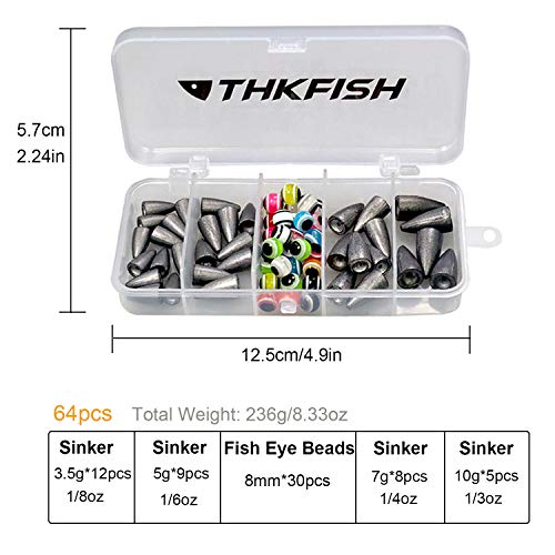 THKFISH Fishing Weights Sinkers Fishing Beads Bullet Sinkers Carolina Rig Texas Rig Kit Fishing Accessories Kit 64pcs