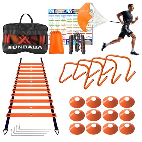 SUNBABA Agility Ladder Speed Training Equipment Set with 20ft Agility Ladder,4 Hurdles,12 Cones,Jump...