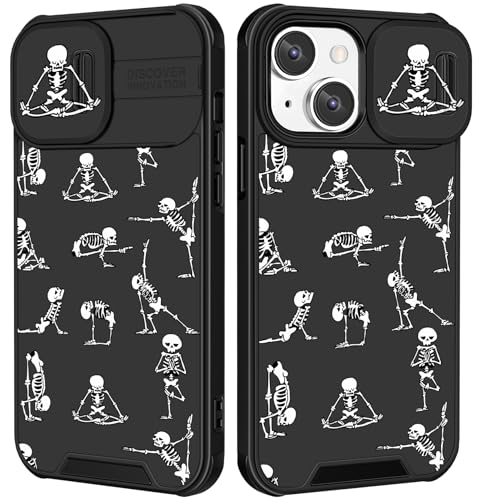 Goocrux (2in1 for iPhone 13 Case Skeleton Yoga Cute Halloween Phone Cover Funny Skull Design with Slide Camera Cover+Ring Black Cool Horror Pattern Teen Cases for iPhone13 6.1''