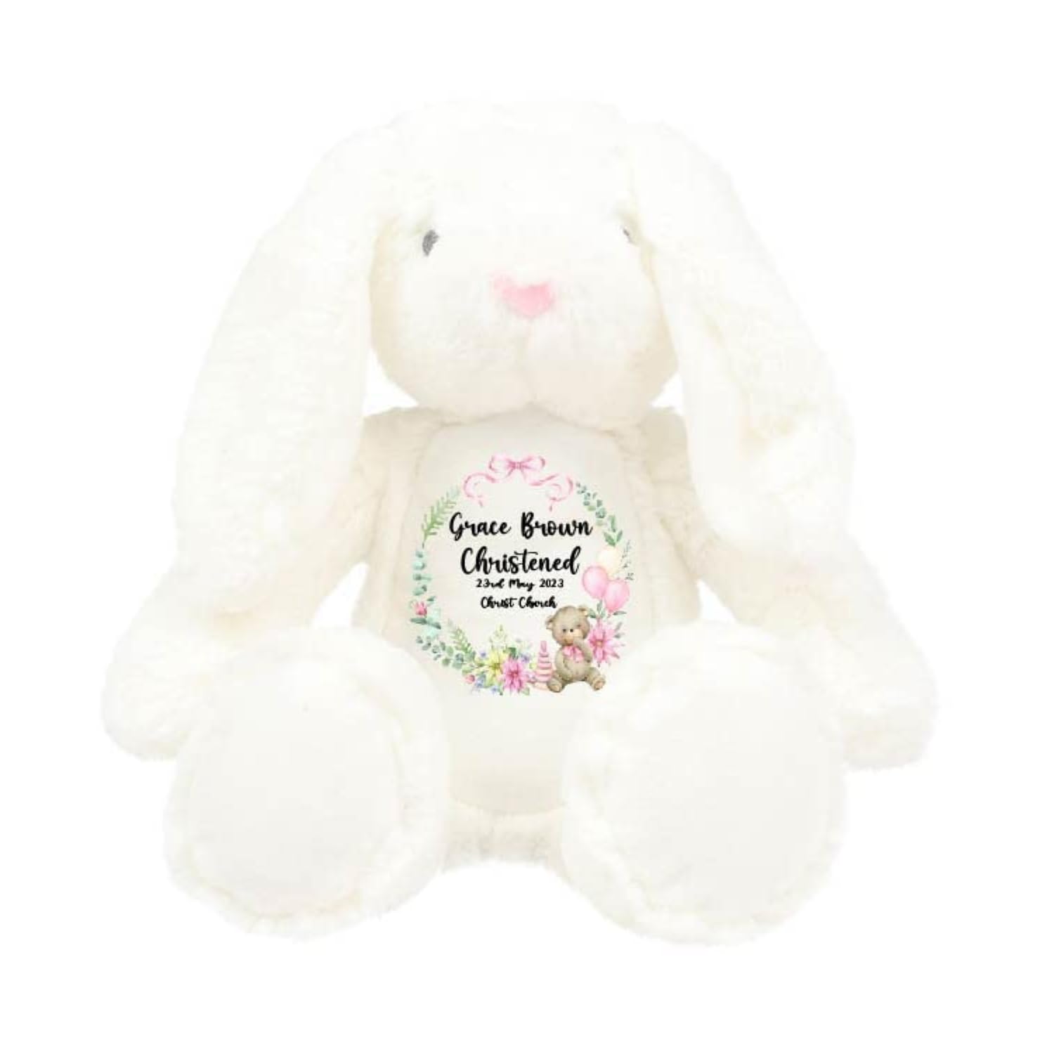 Crafted Memories - Personalised Bunny Teddy Bear | Customisable with Name & Church Details | Ideal for Christening & Baptism | Boys & Girls | Plush Soft Toy, Grey, White โ image 1