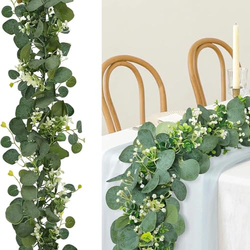 2 Piezas Guirnalda artificial de eucalipto con flores blancas de 180 cm, planta verde decorativa para mesa, boda, Navidad, casa