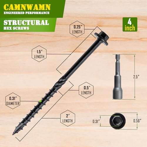 Camnwamn HXSR-14N4I-50PK [Pack Of 50] #14 X 4 Inch Wood Structural Screws, Heavy Duty Hex Head Black Timber/Log/Landscaping Wood Screws thumb #2