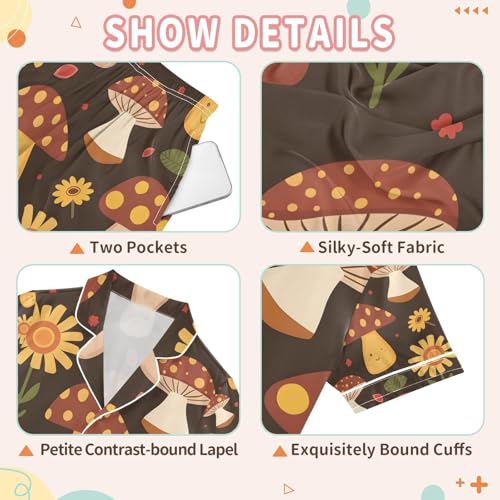 senya Mushroom and Sunflowers Satin Summer Pajama Sets Silk Short Sleeve Button Down Sleepwear3