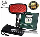 Prince Clover Pet Brush and Comb Set for Dogs and Cats: rotating dog brush with Bonus dog comb and carrying pouch; pet grooming and dematting tools for dogs and cats with medium to long hair