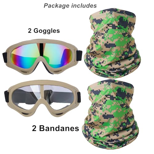 Image of LJDJ Motorcycle Goggles,2 Pack Dirt Bike ATV Motocross Riding Hiking Protective with 2 Pack Neck Breathable Bandana Mask (Khaki /Clear+Colorful Lenses)