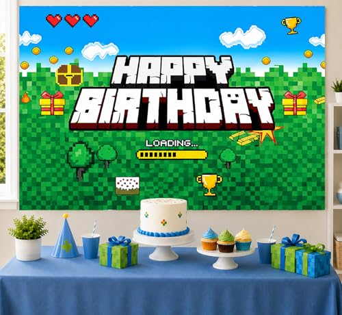 Image of Happy Birthday Banner Boy 5x3ft Birthday Sign Village Gaming Birthday Party Decorations Videogame Themed Banner Video Game Decorations Video Game Happy Birthday Backdrop for Boys