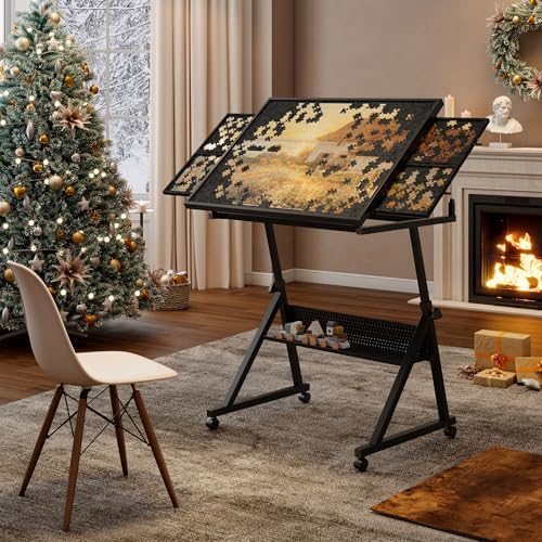 Adjustable 1500-Piece Jigsaw Puzzle Table with 4 Felt Trays, Wooden Cover, Large Storage, and 4 Universal Wheels - Perfect for Adults, Black Color
