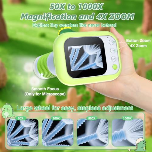 Dinosaur Kids Camera Microscope for Kids Handheld Mini Portable Digital Rechargeable 1000X with 2.4 Screen 1080P 3 in 1 Microscope Photography Recording Age 3-12 Children Students - image 5