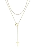 Gold Lariat Cross Necklace for Women, Dainty 14k Real Gold Plated Long Y-Shaped Necklace Layered Cross Pendant Necklace Drop Necklaces Simple Religious Christian Baptism Faith Jewelry Gifts