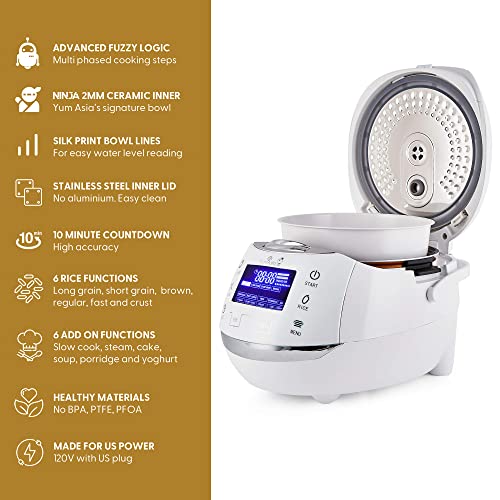 Yum Asia Sakura Rice Cooker with Ceramic Bowl and Advanced Fuzzy Logic (8 Cup, 1.5 Litre) 6 Rice Cook Functions, 6 Multicook Functions, Motouch LED Display, 120V Power (White and Siver) - Image 5