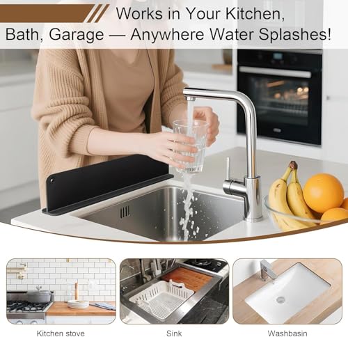 Image of Silicone Sink Splash Guard for Kitchen & Bathroom, Water Splash Protector with Strong Suction Cup, Keeps Clothes & Countertop Dry, Flexible Silicone Sink Guard, Anti-Splash Wall (Pack of 1)