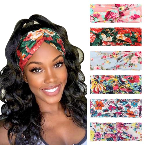 Image of DRESHOW 6 Pack Boho Non-Slip Headbands for Women Girls Yoga Workout Running Knotted Turban Floral Printed Elastic Head Wrap