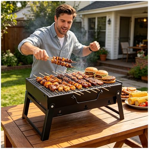 Genérico Barbacoa Portátil Plegable Mini Barbacoa Carbon de Mesa con Parrilla para Picnic, Jardín, Terraza y Camping,Negro,44cm/17.3in